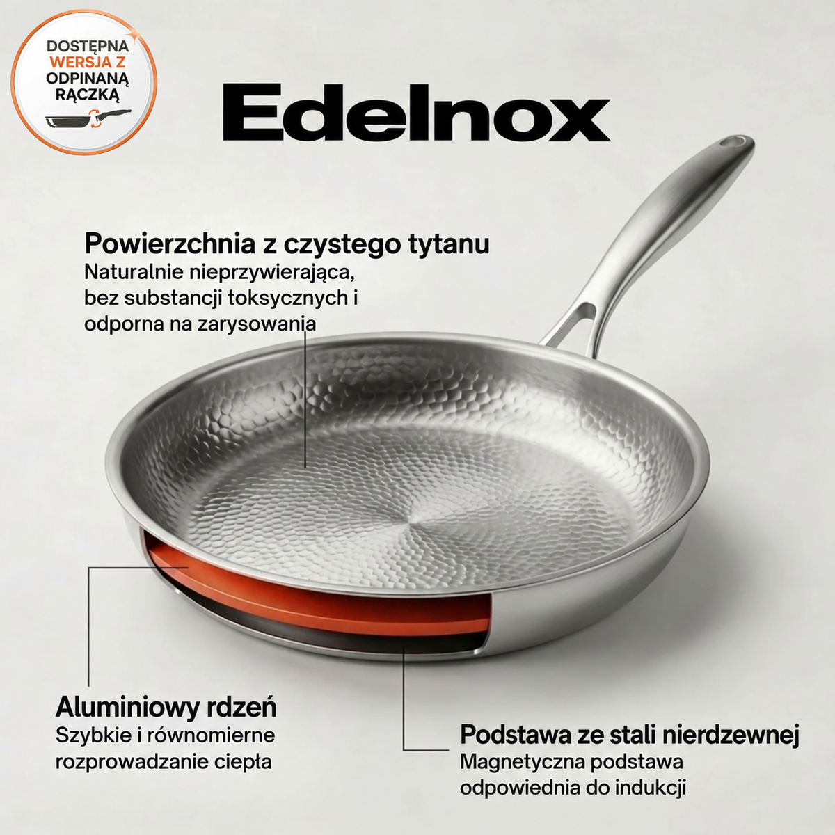 Edelnox — patelnia tytanowa z aluminiowym rdzeniem i stalową podstawą